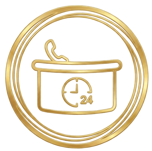 Premium gold icon representing 24 hour hotel reception and guest services elegant and minimalist design symbolizing immediate support and assistance stylized reception desk or customer service r